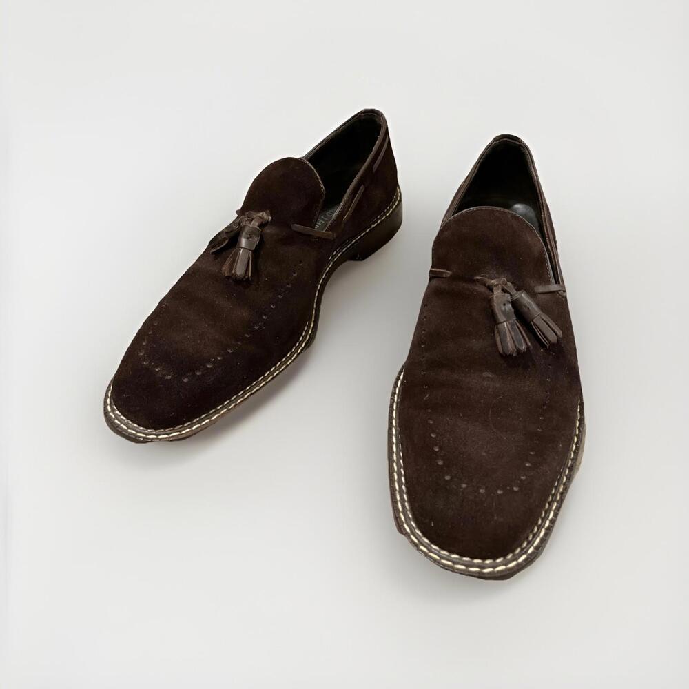 DONALD PLINER MENS BROWN SUEDE TASSEL LOAFERS I20 KAPTAN SIZE 11.5M ITALY VGC